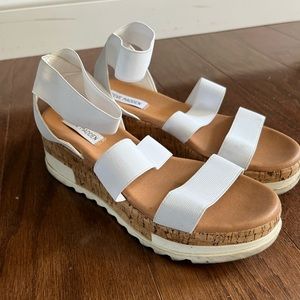 white steve madden elastic cork platform sandals